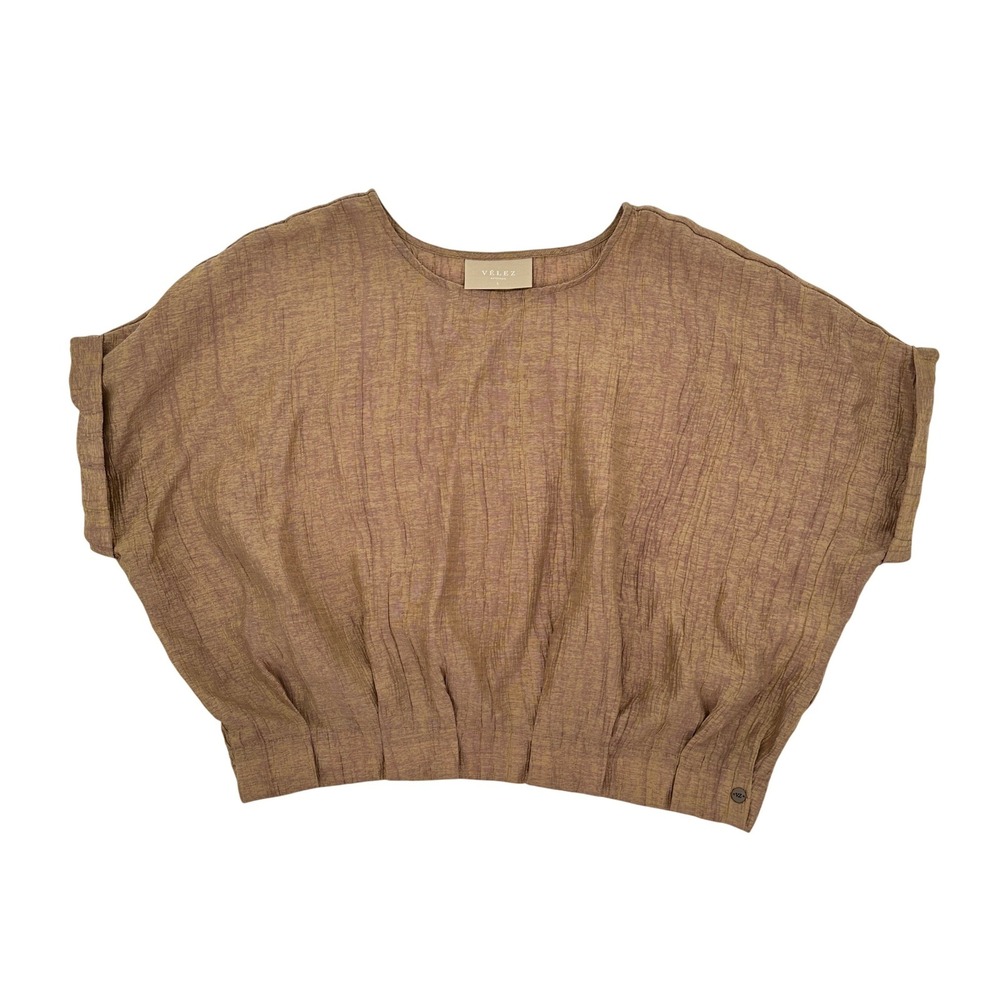 Velez Women Brown Textured Metallic Cropped Blouse Dolman Sleeve Top Large